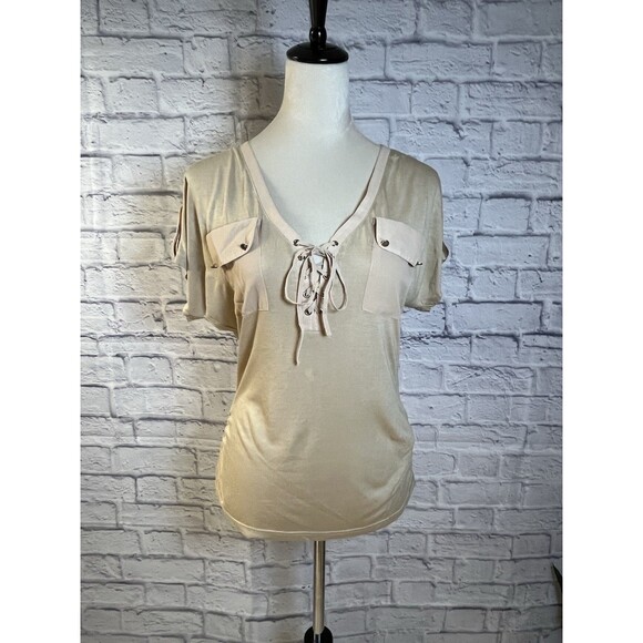 VENUS Pretty Tan Button Front Pocket Short Sleeve Shirt Small - Picture 1 of 11